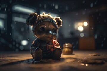 Poster - A Teddy Bear With A Hat On Sitting On A Table In The Rain Tundra Photorealism Animation Filmmaking