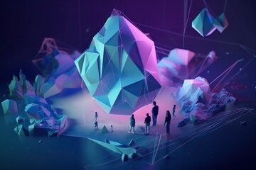 Poster - A Group Of People Standing Around A Large Blue Object With A Purple Background Iceberg Animation Motion Graphics Generative AI 