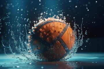 Poster - A Basketball Is Splashing In The Water On A Blue Surface Basketball Court High-speed Photography Motion Graphics Generative AI 