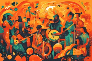 Poster - A Painting Of A Group Of People Playing Instruments And Singing Together Oasis Folk Art Latin American Culture Generative AI 