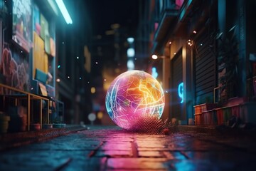 Poster - A Colorful Ball Sitting On The Side Of A Street Next To A Building Arcade Animation Motion Graphics Generative AI 