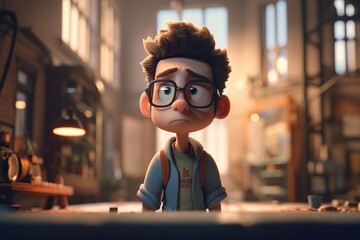 Poster - A Cartoon Character With Glasses And A Backpack On A Table In A Room Classroom Animation Animation Filmmaking Generative AI 