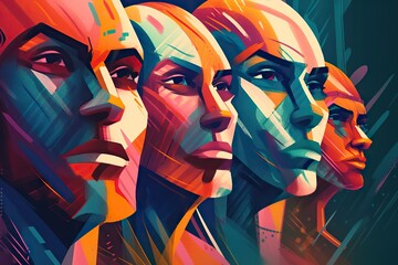Poster - A Group Of People With Different Colored Faces And Hair All Looking Different Directions Factory Fauvism Motion Graphics Generative AI 