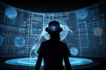 Poster - A Person Standing In Front Of A Projection Of A Building With A Clock Workshop Stereoscopic Photography Virtual Reality Generative AI 