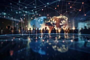 Poster - A World Map Is Shown With A Network Of Dots And Lines Modern City Skyline At Blue Hour With Advertising Photography Supply Chain Optimization Generative AI 