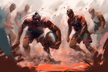 Poster - A Painting Of Two Men Playing Soccer On A Field With A Red And Blue Background River Sports Photography Digital Illustration Generative AI 