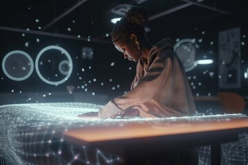 Poster - A Woman Sitting At A Table In A Room With A Projection Conference Room Animation Motion Graphics Generative AI 