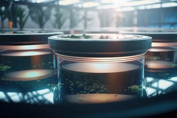 Poster - A Group Of Plants In A Large Container With A Light Shining On Them Aquarium Photorealism Motion Graphics Generative AI 