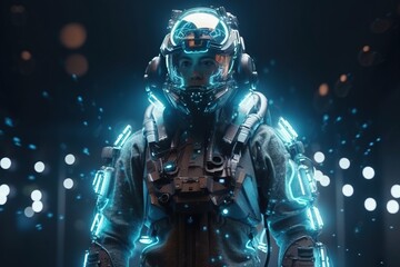Poster - A Man In A Futuristic Suit With Glowing Lights Around Him And His Hands On His Hips Construction Site Photorealism Computer Graphics