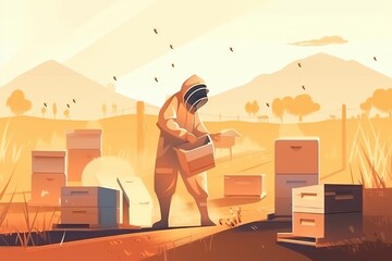Poster - A Man In A Bee Suit Is Standing In Front Of A Bunch Of Bees Farm Environmental Art Motion Graphics
