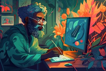 Poster - A Man With A Beard And Glasses Is Using A Computer Screen Workshop Graphic Design Digital Illustration