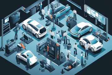 Poster - A Car Service Station With A Car Being Serviced By A Man Workshop Advertising Photography Manufacturing Planning And Control Generative AI 