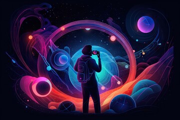 Fototapete - A Man Taking A Picture Of A Space Scene With A Camera Lunar Landscape Panoramic Photography Motion Graphics Generative AI 