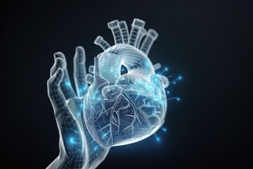 Poster - A Heart In The Palm Of A Hand With Glowing Lights Coming Out Of It Hospital Animation Medical Devices Generative AI 
