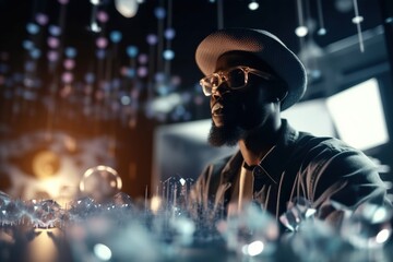 Poster - A Man Wearing Glasses And A Hat Is Looking At A Display Of Crystal Balls Science Museum Video Art Motion Graphics Generative AI 