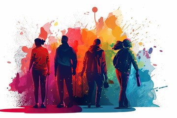 Poster - A Group Of People Standing In Front Of A Colorful Background With Paint Splatters Graffiti Wall Graffiti Art Diversity And Inclusion Generative AI 