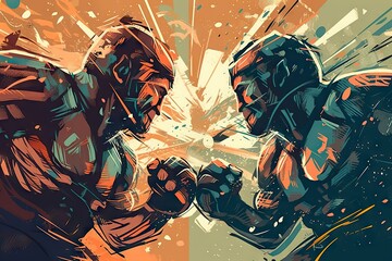 Poster - Two People In Action With A Paint Splattered Background And A Background Of Orange And Blue Martial Arts Studio Typography Poster Design