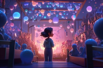 Poster - A Girl Standing In A Room With Balloons Floating In The Air Movie Theater Animation Animation Filmmaking