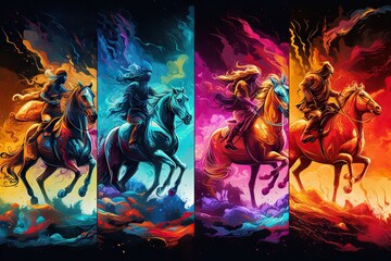 Poster - Three Different Colored Images Of Horses And Riders In The Sky With A Fire Northern Lights Fauvism Spirits