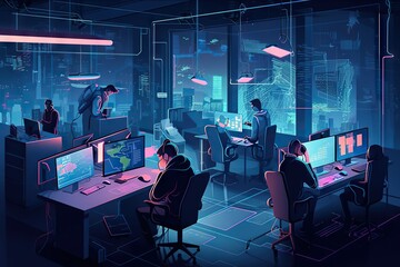 Poster - A Man Sitting At A Desk In Front Of A Computer Monitor Factory Animation Cybersecurity Generative AI 