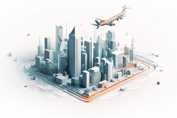 Poster - A Plane Flying Over A City With Skyscrapers And Buildings In The Background Modern Urban Skyline Aerial Photography Supply Chain Optimization Generative AI 
