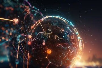 Poster - A Sphere With Many Lines And Dots On It With A City In The Background Deep Sea Trench Animation Motion Graphics Generative AI 