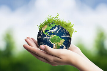 Hand holding green earth isolated on blurred background, mother earth day illustration. Created with Generative AI Technology