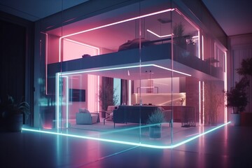 Poster - A Room With A Couch And A Neon Light In It And A Couch In The Corner Living Room Video Art Smart Homes Generative AI 