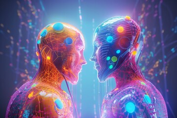 Poster - Two People With Glowing Faces And Body Parts In Front Of A Blue Background Arcade Animation Motion Graphics Generative AI 