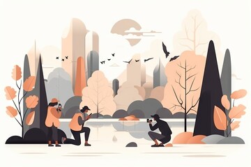 Poster - Two People Sitting On A Bench In The Park With Trees And Birds Wildlife Refuge Wildlife Photography Wildlife Photography Generative AI 