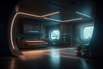 Poster - A Futuristic Looking Room With A Large Window And A Sink In It Aquarium Photorealism Smart Homes Generative AI 