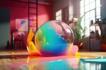 Poster - A Colorful Ball Sitting On Top Of A Wooden Floor Next To A Window Aquarium Photorealism Motion Graphics Generative AI 