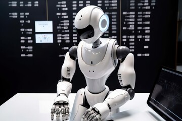 Poster - A Robot Sitting On A Desk Next To A Laptop Computer And A Monitor Workshop Product Photography Robotics Engineering Generative AI 
