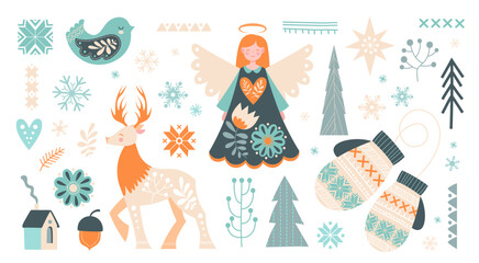 Scandinavian christmas elements set. Collection of icons for website. Angel, deer and snowflakes. Birdie, gloves and christmas trees. Cartoon flat vector illustrations isolated on white background