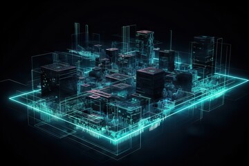 Poster - A Futuristic City With Neon Lights And A Black Background With A Blue Glow Factory Video Art Network Engineering