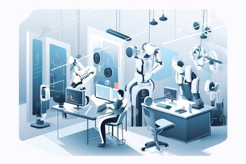 Poster - A Group Of Robots Working On A Computer In A Room With A Man Sitting At A Desk Factory Assemblage Robotics Engineering Generative AI 