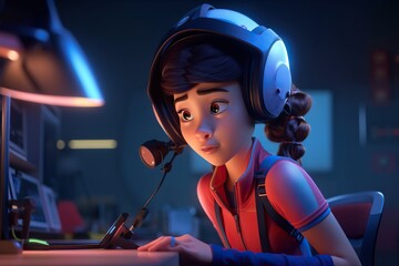Poster - A Girl Wearing A Headset And Sitting At A Desk In A Darkened Room Radio Station Animation Animation Filmmaking Generative AI 