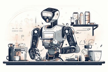 Poster - A Robot Is Sitting At A Table With A Laptop In His Hands Coffee Shop Lithography Robotics Engineering Generative AI 