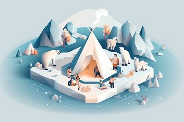 Poster - A Group Of People Standing Around A Tent In The Snow With Polar Bears Tundra Animation Motion Graphics Generative AI 