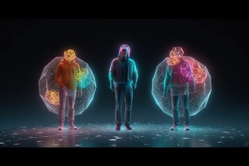 Poster - Three People Standing In Front Of A Glowing Sphere With Different Colored Lights Nightclub Animation Motion Graphics Generative AI 