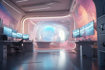 Poster - A Futuristic Office With Multiple Monitors And A Desk With A Laptop Conference Room Photorealism Environment