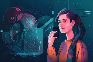 Poster - A Woman Holding A Cell Phone In Her Hand And Looking At It Aquarium Digital Art Digital Illustration Generative AI 