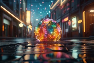 Poster - A Colorful Ball Of Light On A City Street At Night With Lights Arcade Photorealism Motion Graphics Generative AI 