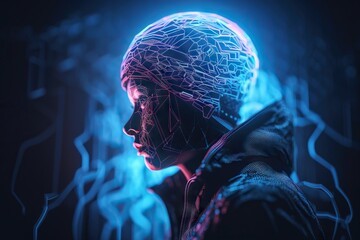 Poster - A Man With A Brain Scan In His Head And A Neon Background Tundra Photorealism Artificial Intelligence Generative AI 