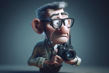 Poster - A Cartoon Man With Glasses Holding A Camera And Looking Through It Canyon Photorealism Animation Filmmaking Generative AI 