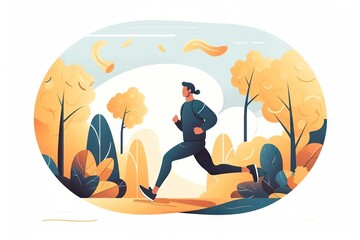 Poster - A Man Running Through A Forest With Trees And Leaves Around Him Mountain Trail In Autumn Forest With Golden Leaves And Mist Animation Motion Graphics
