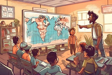 Poster - A Man Teaching A Class Of Children In A Classroom With A Map On The Wall Classroom Animation Science Education