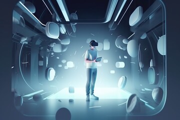 Poster - a man standing in a tunnel with a tablet in his hands deep sea trench animation virtual reality