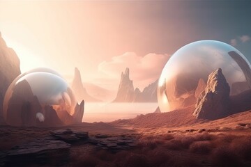 Fototapete - A Group Of Spheres In A Desert Landscape With Mountains And Rocks Lunar Landscape Panoramic Photography Landscapes Generative AI 