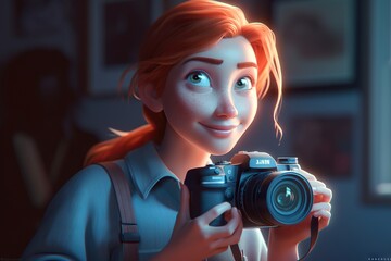Poster - A Woman Holding A Camera In Front Of A Window With A Window Behind Her Zoo Photorealism Animation Filmmaking Generative AI 